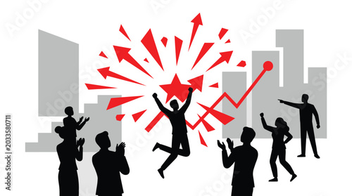 Business Success Celebration Concept with Winning Team Silhouettes, Flat Vector Illustration, Achievement and Leadership Motivation Design, Corporate Victory Scene with Dynamic Red Burst Effect