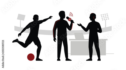 Soccer player interview silhouette against a white background depicts a sports scene with a reporter and athlete sportsman footballer kicker journalist interviewer microphone broadcaster black