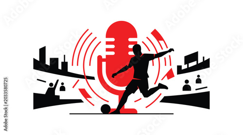 Soccer player silhouette with microphone and cityscape red and black vector illustration football athlete sportsman kicker striker goal game match competition tournament broadcasting audio voice