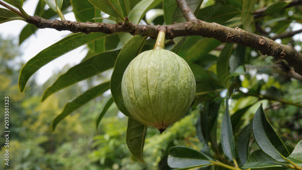 Fototapeta premium Close-up of a Green Fruit Hanging from a Tree Branch in Natural Light