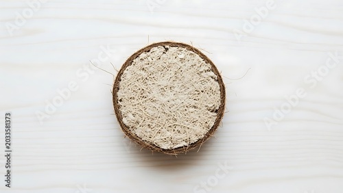 Top View of Natural Coconut Shell with Fibrous Fill on White Wood