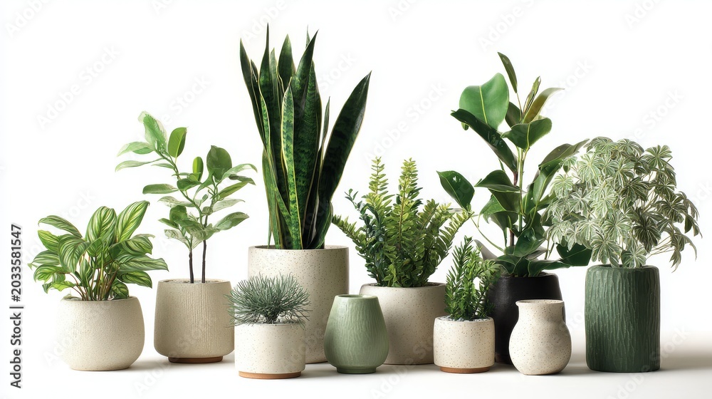 Fototapeta premium 1.Collection of indoor plants in simple pots, isolated on white background, soft lighting, natural green tones, modern minimalist aesthetic