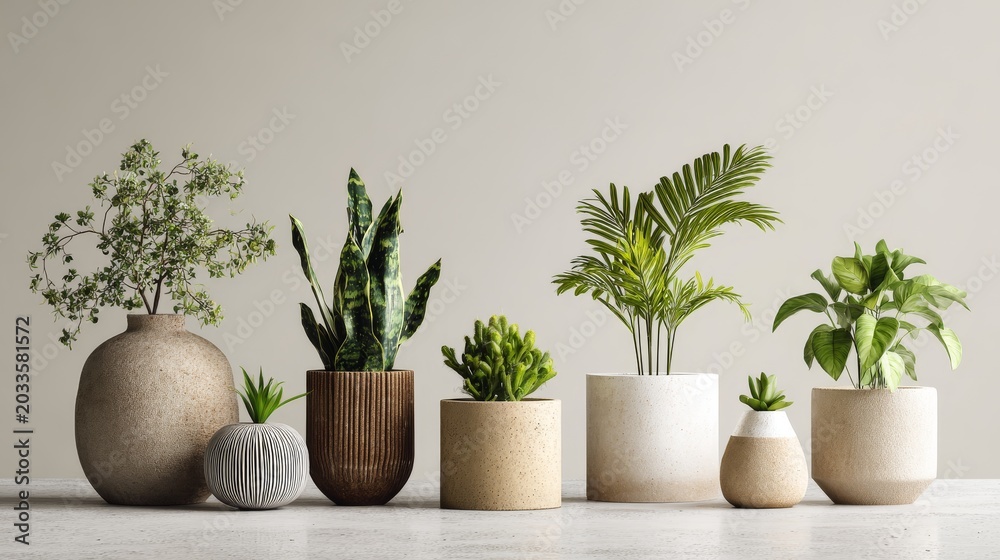 Fototapeta premium 1.Collection of indoor plants in simple pots, isolated on white background, soft lighting, natural green tones, modern minimalist aesthetic
