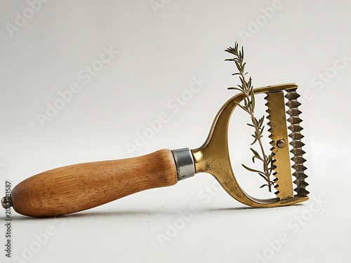 Vintage brass pasta cutter with wooden handle and fresh rosemary sprig