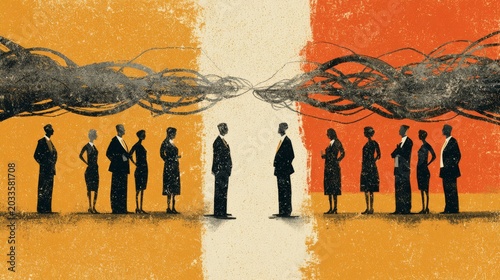 27.Symbolic illustration showing people facing each other with knotted lines between them, representing negotiations, emotional tension and efforts to resolve conflict