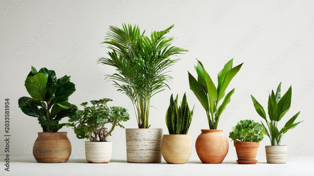 Fototapeta premium 2.Potted houseplants arranged neatly on a white background, clear details of leaves and pots, fresh botanical atmosphere