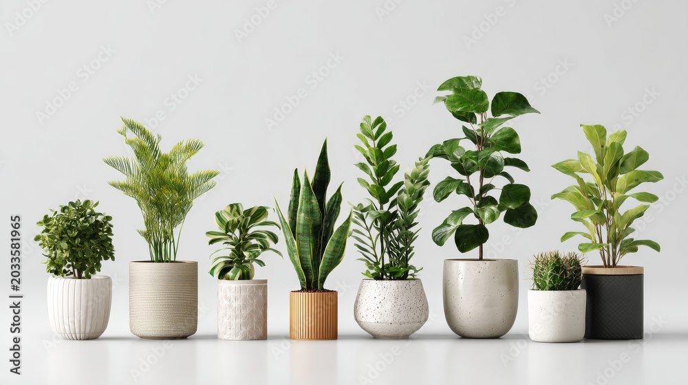 Fototapeta premium 2.Potted houseplants arranged neatly on a white background, clear details of leaves and pots, fresh botanical atmosphere
