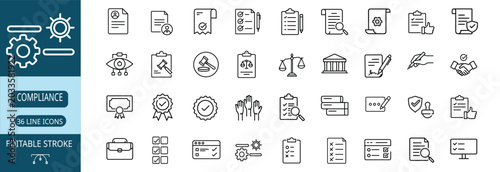 Cuadro en lienzo Regulation audit policy checklist web line icons set corporate compliance gear p