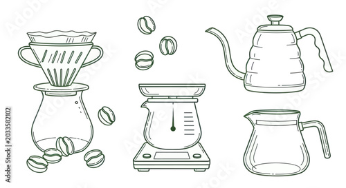 Photos Pour Over Coffee Brewing Equipment and Beans Illustration.