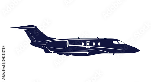 Fotografie Sleek Dark Blue Private Jet Airplane Silhouette on White Background
