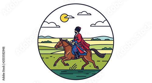 Illustrated rider galloping on horse in nature scene.