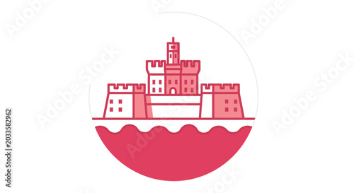 Illustrated Castle Emblem Above Stylized Water Waves.