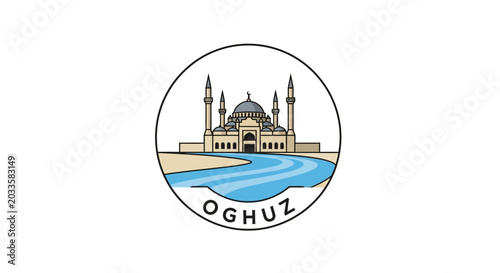 Illustrated Oghuz City Emblem with Historic Mosque and River.