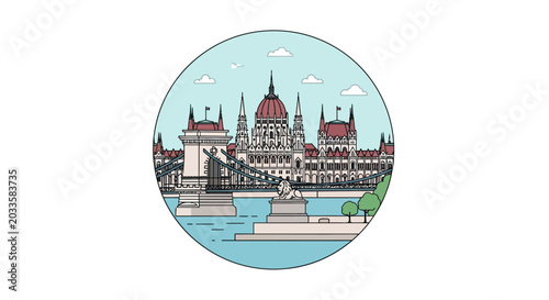 Illustrated View of Budapest Parliament and Chain Bridge.