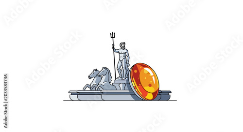 Illustration of Classical Statue Holding Giant Orange Coin.
