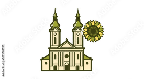 Illustrated historic church with bright sunflower graphic design.