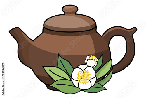 Brown teapot decorated with white camellia flowers and leaves. Traditional tea illustration. Herbal flower blend concept for relaxation and wellness