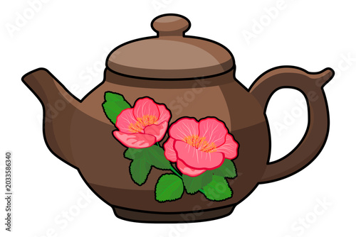 Brown teapot decorated with pink roses and green leaves. Traditional rosehip flowers tea brewing vessel for herbal flower infusions. Relaxation and wellness concept in floral beverage tradition