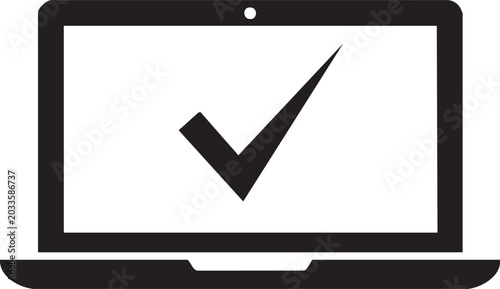 Check mark on a laptop computer screen icon with computer, verified