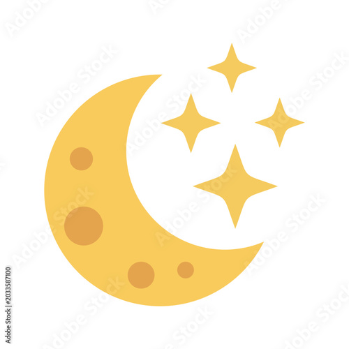 Yellow crescent moon with twinkling stars in night sky. Cartoon illustration of lunar phase and celestial bodies. Digital icon for astronomy education and bedtime storytelling concepts