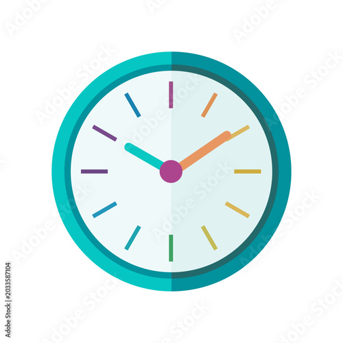 Colorful flat design clock with multicolored markers and hands. Modern vector illustration for time management and daily scheduling concepts. Graphic element for productivity and business planning