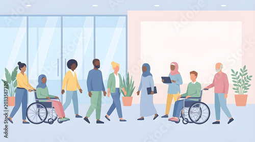 Professional and Inclusive business casual illustration. Diverse coworkers, including wheelchair users, walk through a modern office hallway