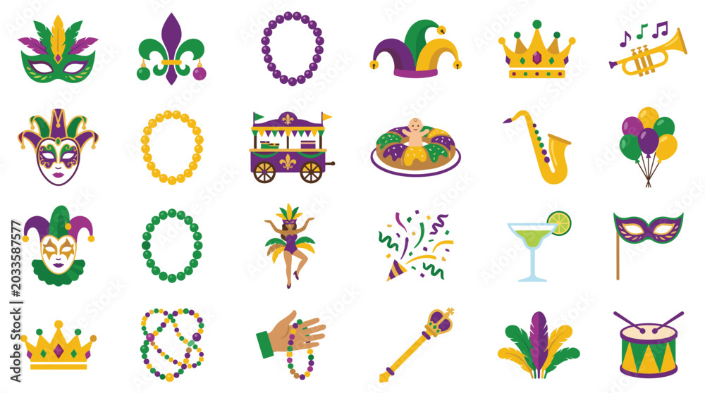 Fototapeta premium Mardi Gras Icons Collection Festive Symbols for Celebration and Carnival Events Seamless Pattern