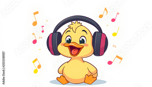 Duck Wearing Headphones Listening to Music. A happy duck wearing big headphones, enjoying music, colorful sound waves floating around, modern cute cartoon style 2