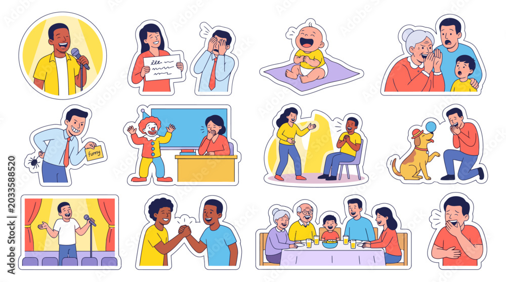 Fototapeta premium Collection of diverse cartoon stickers depicting various human interactions and emotions.