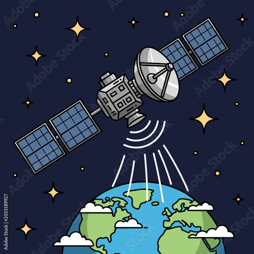 Photography Satellite orbiting Earth transmitting signals into space.