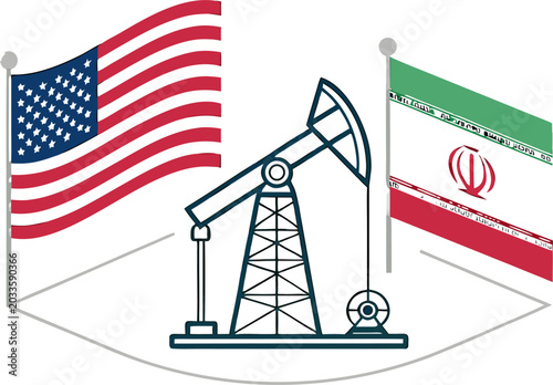 Φωτογραφία Oil production and geopolitical rivalry between United States and Iran symbolized through pump jack and national flags