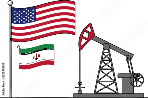 Bild auf Leinwand Energy crisis concept showing American and Iranian flags flanking oil pump jack and global petroleum market tensions