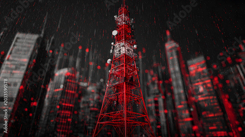 Radio mast transmitter during heavy rain in red and black city environment.