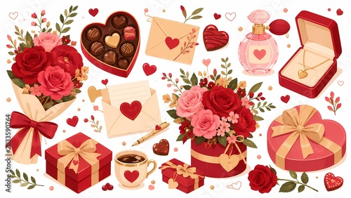 Romantic Valentines Day Gift Set with Roses Chocolates and Jewelry