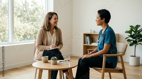 Two women, a patient and a healthcare professional, engage in a private consultation in a bright, modern office setting.