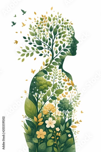 Conceptual Female Profile Silhouette with Greenery and Flying Birds