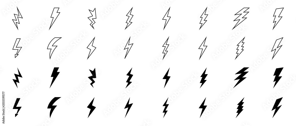 Fototapeta premium Lightning bolt vector icon set, black lightning icon designs on white background, Symbols of energy, power, electric storm, flash charge, ideal for web, print, logo design.