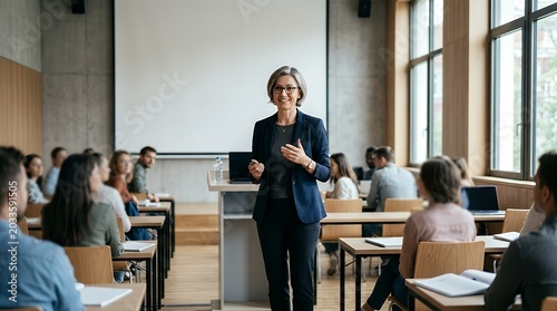 A smiling female professor delivers a lecture to a diverse group of students in a modern university classroom with a large projection screen and natural light.