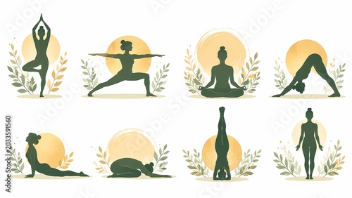 Earthy Yoga Silhouette Set with Botanical Elements and Sun Circles