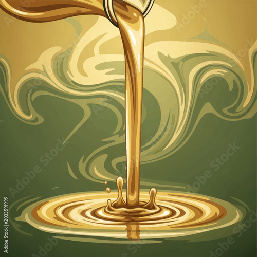 Vector illustration of golden viscous liquid pouring from a container into a pool, creating a splash and concentric ripples against a green and yellow swirled abstract background.
