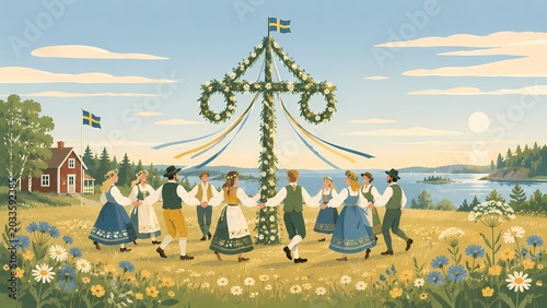 Traditional Swedish Midsummer Celebration Folk Art Illustration in Meadow