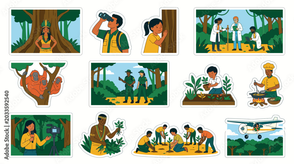 Fototapeta premium People engaged in various activities related to nature science and community in a jungle setting.