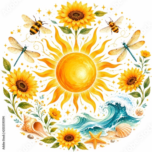Vibrant Summer Sun Mandala with Sunflowers Bees and Ocean Waves