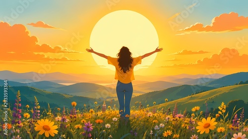 Inspiring Woman with Arms Raised in Wildflower Meadow at Vibrant Sunset