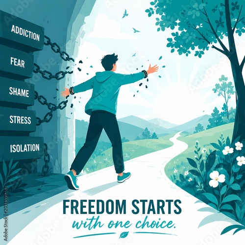 Empowered Man Breaking Chains of Addiction Walking Toward Sunny Path