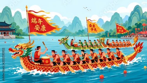 Vibrant Dragon Boat Festival Racing Illustration with Rowers on River