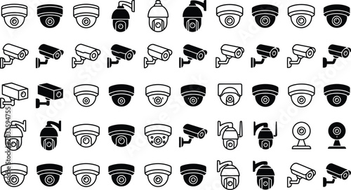 Collection of Diverse CCTV Security Camera Icons and Line Art Illustrations