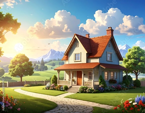 Charming Countryside Cottage Bathed in Warm Sunlight Amid Green Garden and Distant Mountains