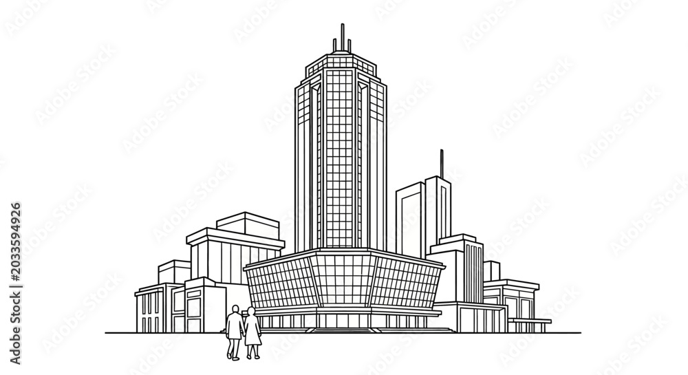 Fototapeta premium Modern urban cityscape with detailed architectural line art.