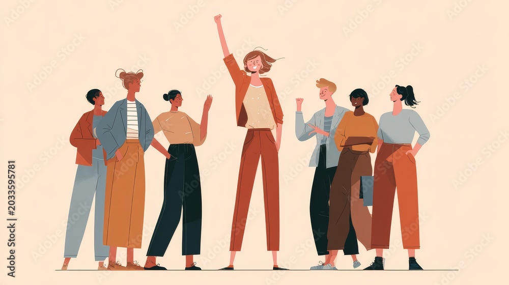 Obraz premium Diverse Group of People Celebrating with Raised Hands, Team Success and Community Unity Flat Illustration